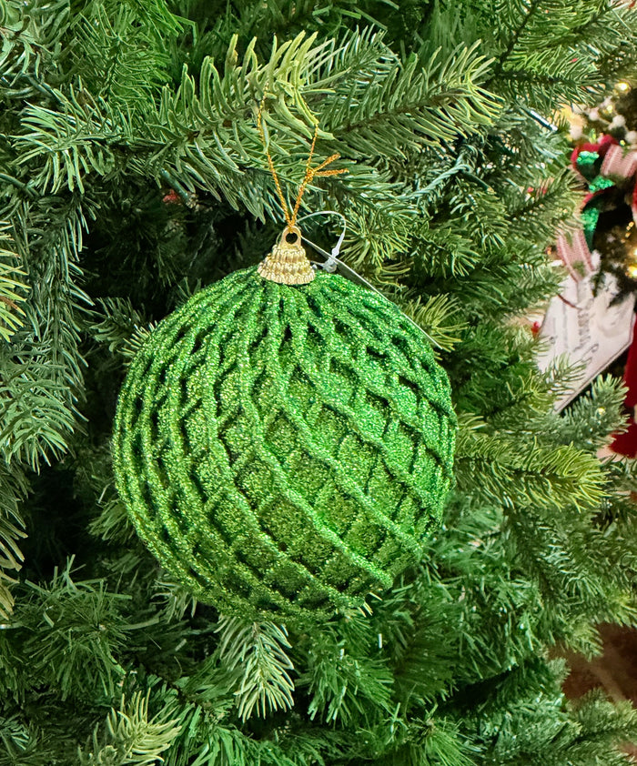 4" Emerald Green Glitter Net Ball Ornament