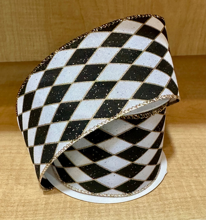 2.5" Black, White & Gold Harlequin Ribbon