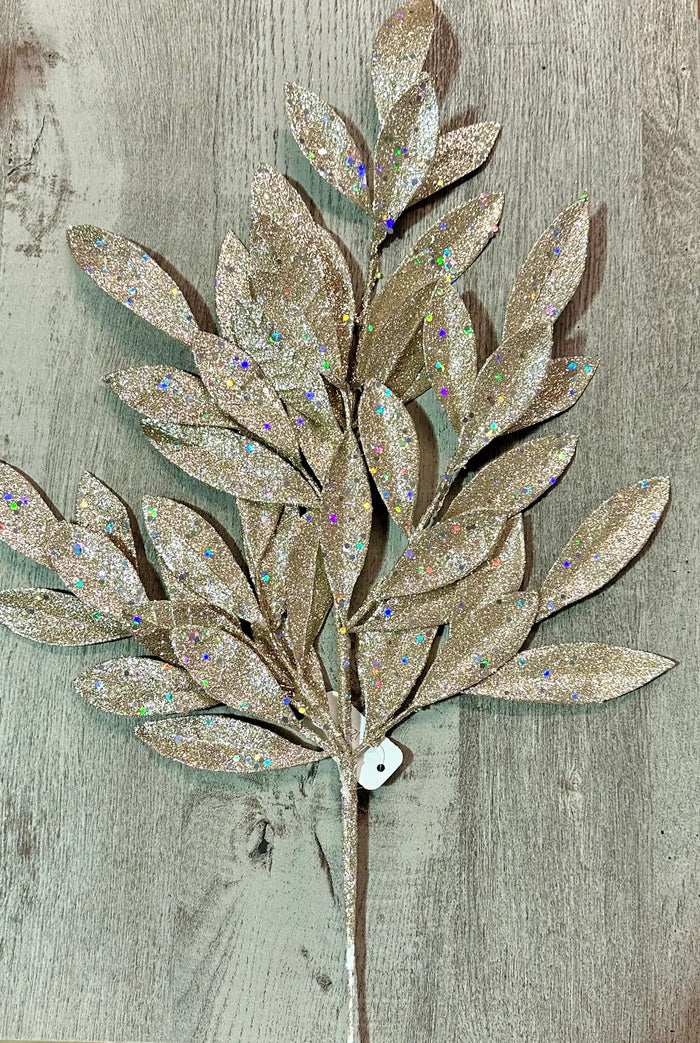 23" Champagne Glitter Bay Leaf Spray