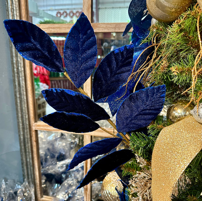 25" Navy Blue Velvet Magnolia Leaves Spray