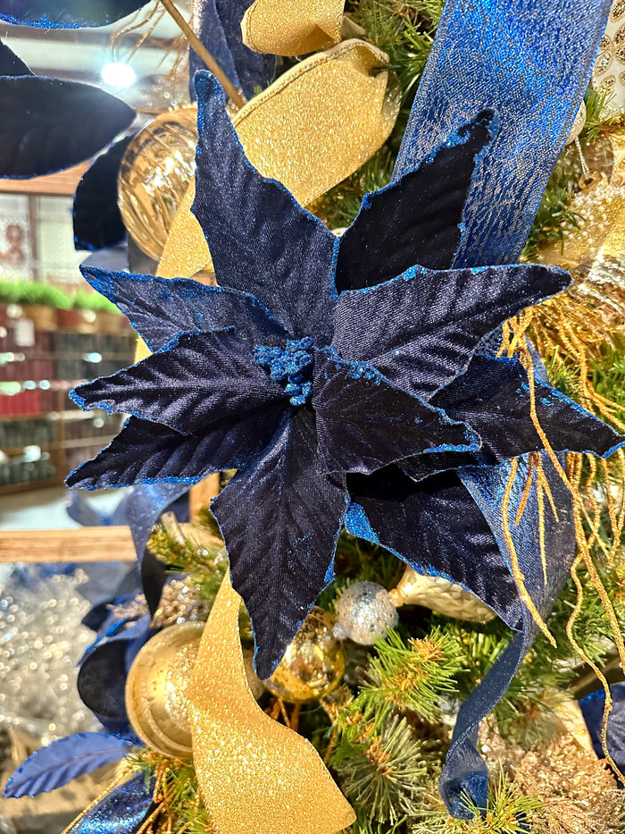 15" Navy Blue Velvet Poinsettia Pick