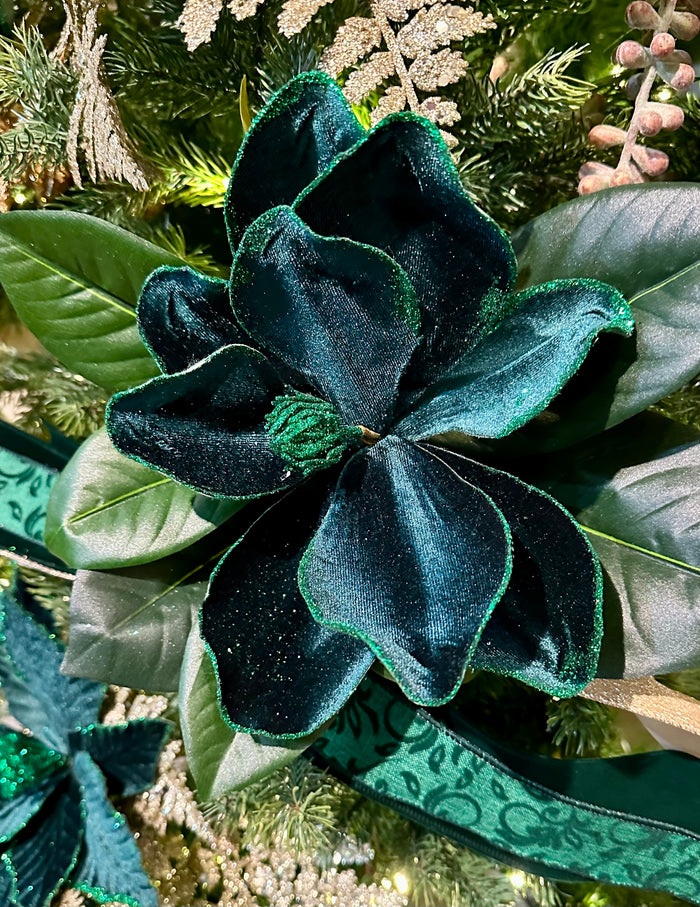 10" Hunter Green Velvet Magnolia Stem