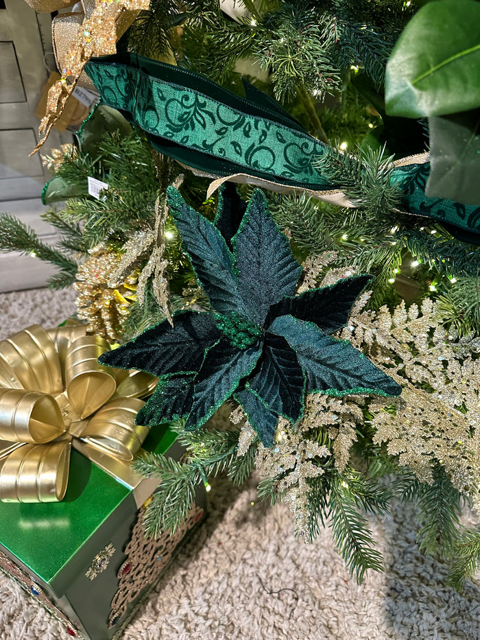 15" Hunter Green Velvet Poinsettia Pick