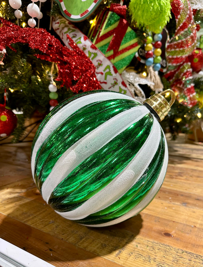 10" Green & White Striped Christmas Ball Ornament