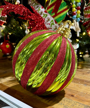 10" Lime Green & Red Striped Christmas Ball Ornament