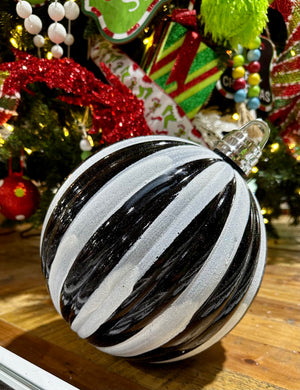 10" Black & White Striped Christmas Ball Ornament