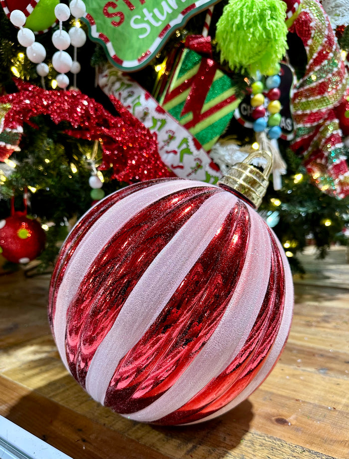 10" Red & White Striped Christmas Ball Ornament