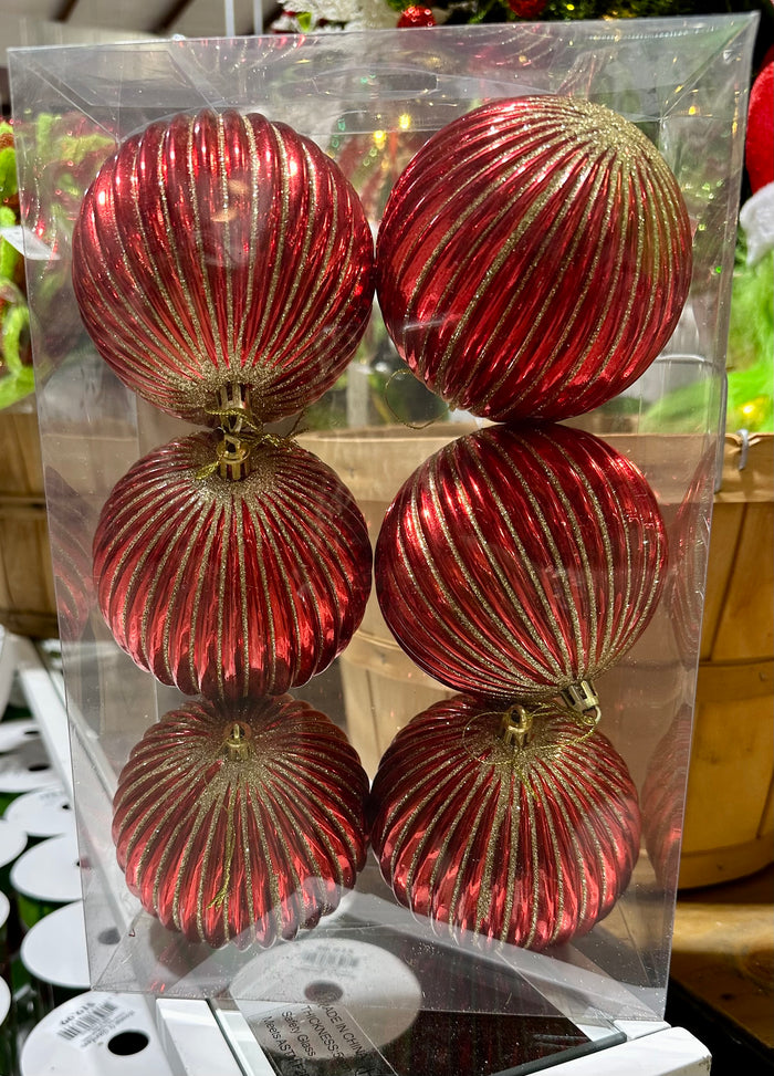 Red & Silver Glitter Striped Ball Ornaments