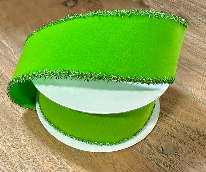 1.5" Lime Green Velvet Ribbon with Tinsel Trim