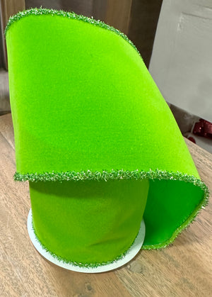 4" Lime Green Velvet Ribbon with Tinsel Trim