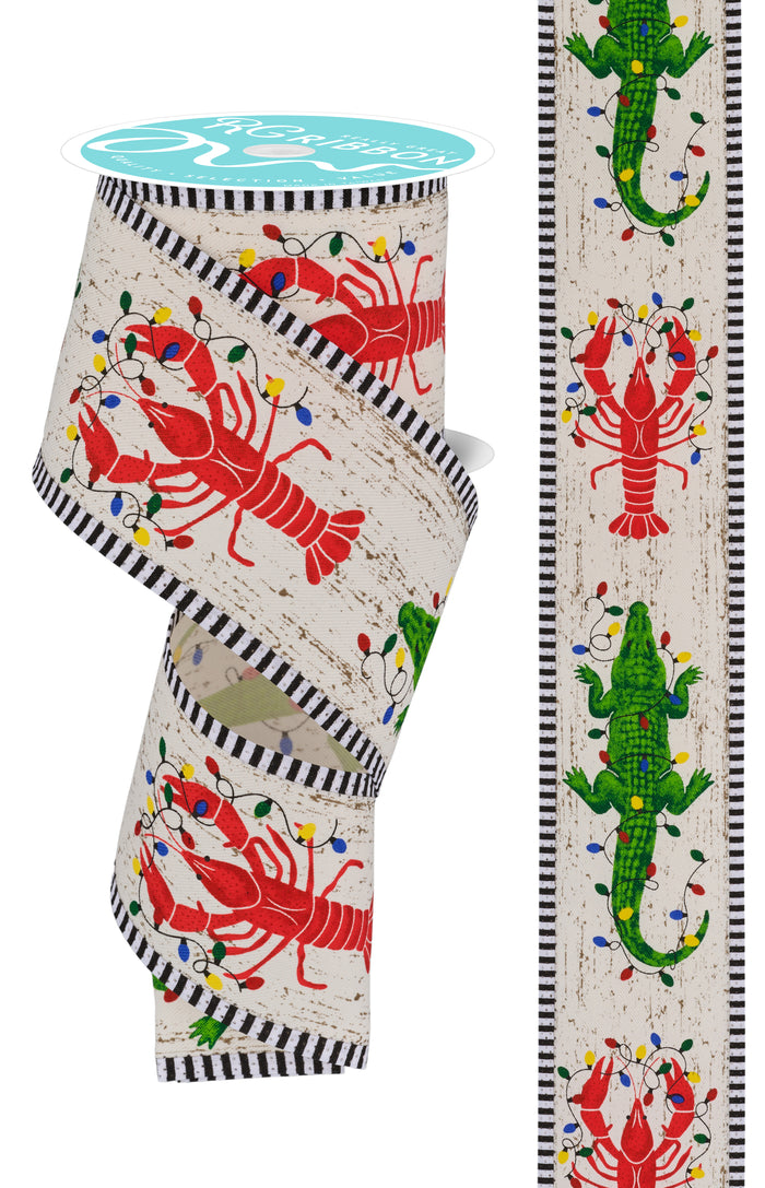 2.5" Crawfish & Alligator Christmas Lights Ribbon