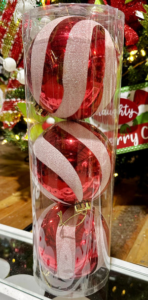 Red & White Glitter Striped Ball Ornaments