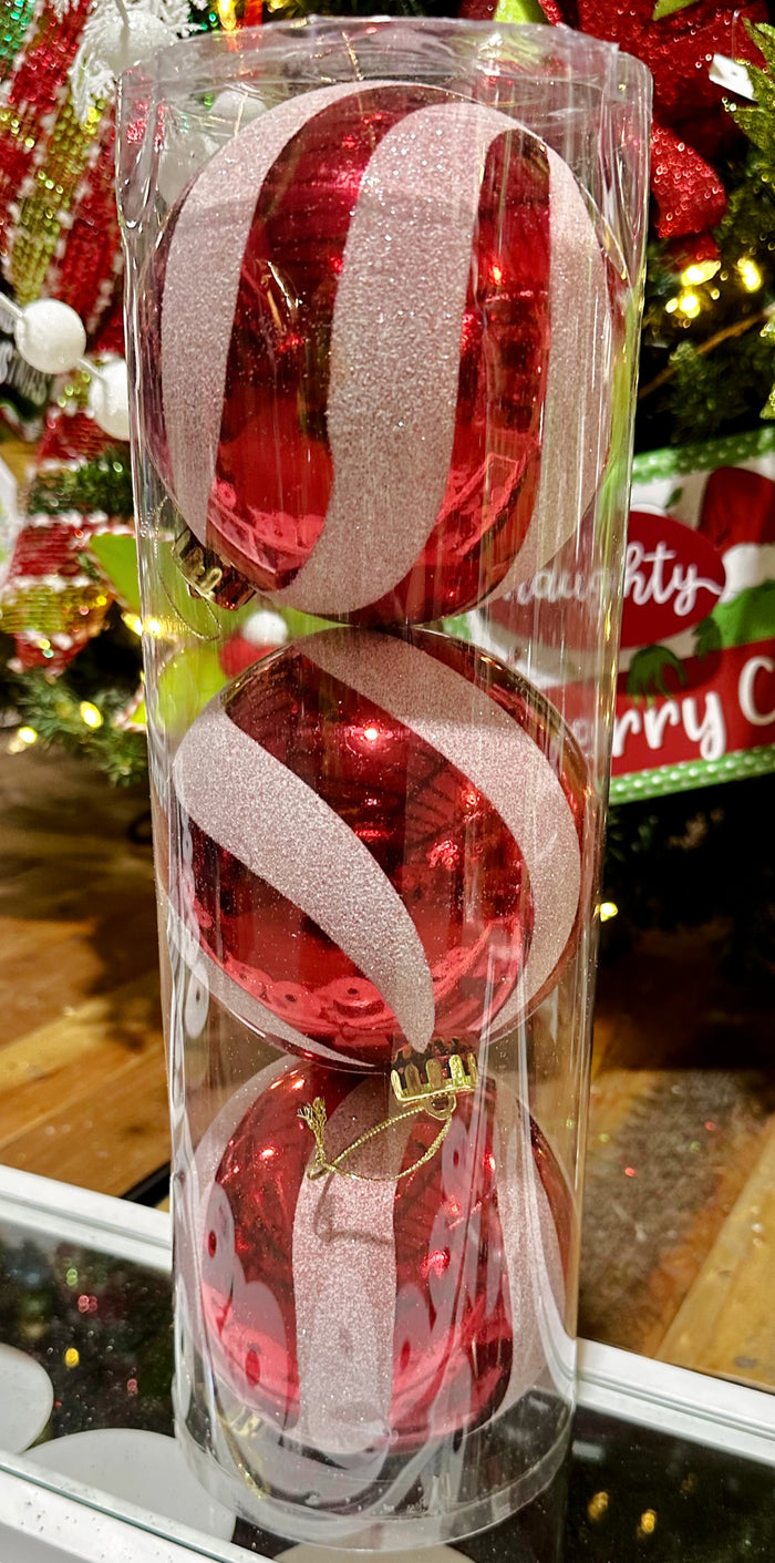 Red & White Glitter Striped Ball Ornaments