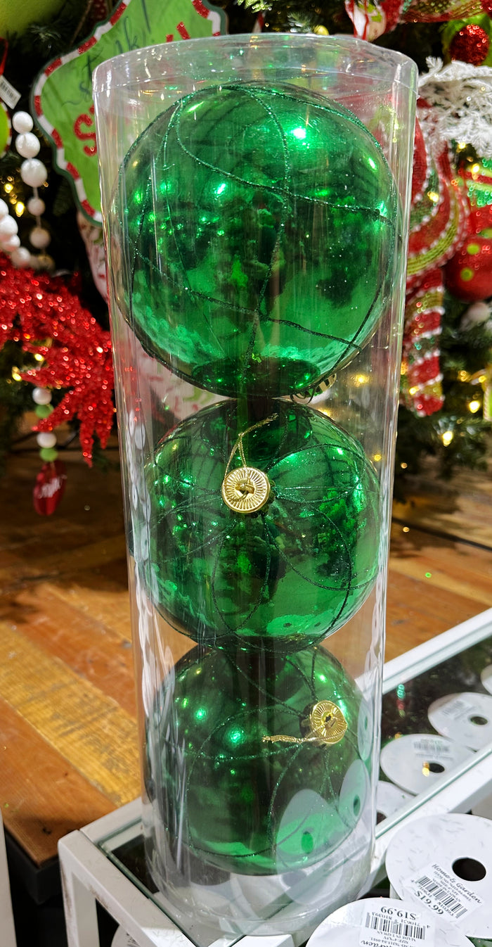 6" Green Glitter Swirl Boxed Ball Ornaments Set
