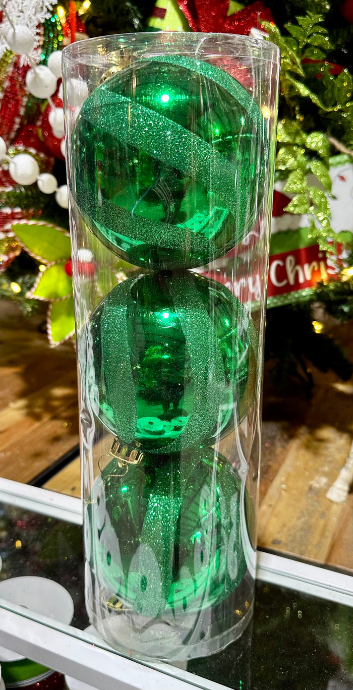 Emerald Green Glitter Stripe Ball Ornaments