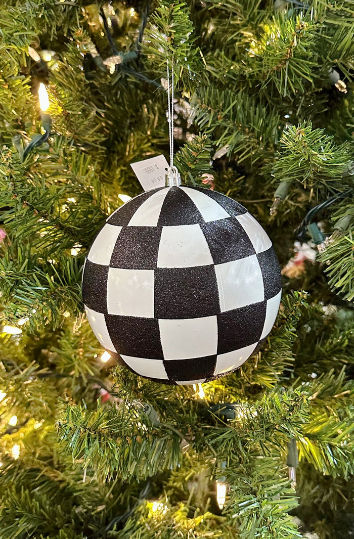 6" Black & White Checked Glitter Ball Ornament