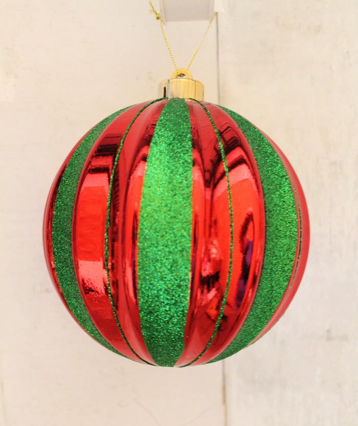 6" Red & Emerald Green Glitter Striped Ball Ornament