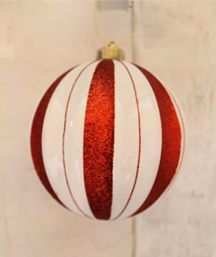 6" Red & White Glitter Striped Ball Ornament