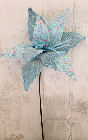 27" Blue Velvet Sprinkle Poinsettia Stem