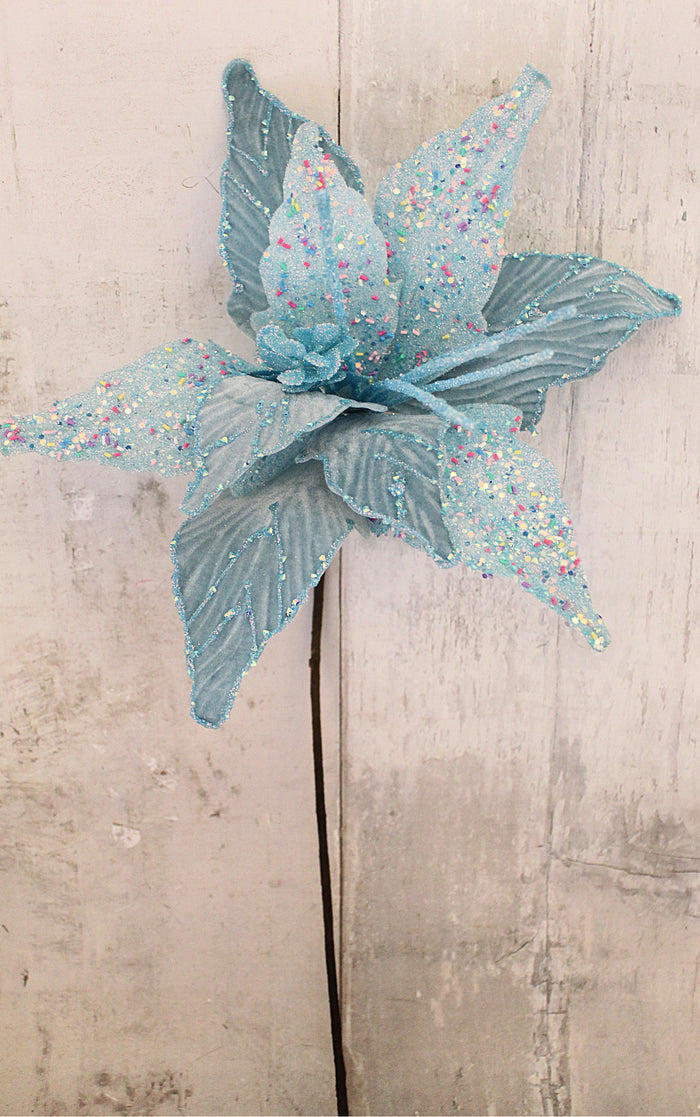 27" Blue Velvet Sprinkle Poinsettia Stem