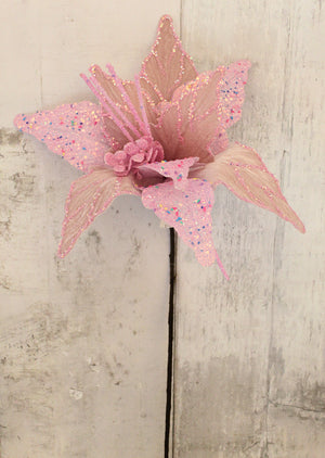 27" Pink Velvet Sprinkle Poinsettia Stem