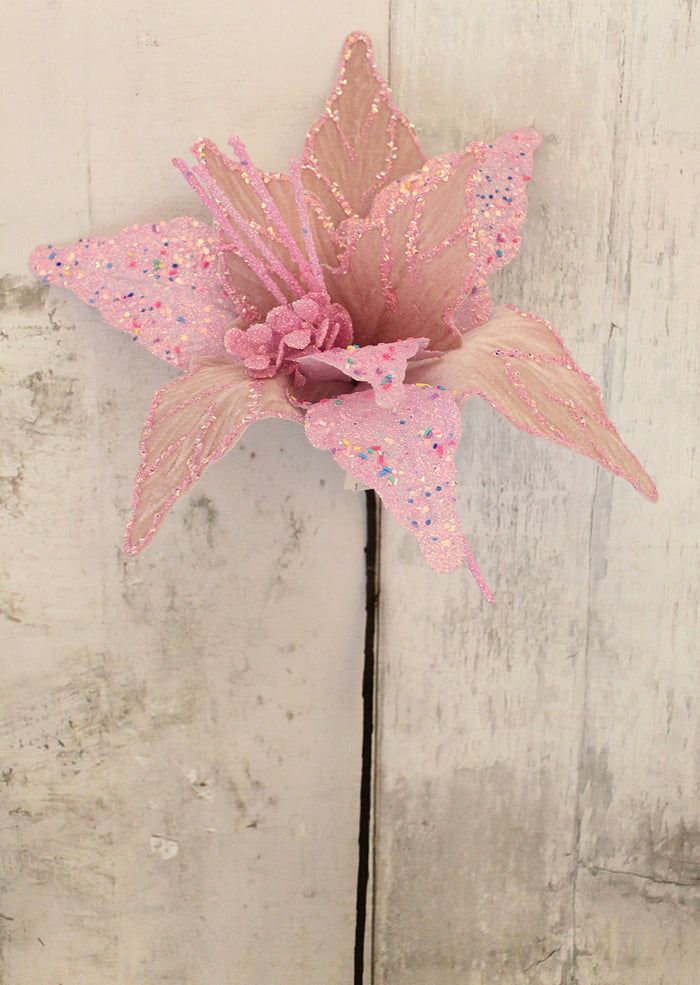27" Pink Velvet Sprinkle Poinsettia Stem