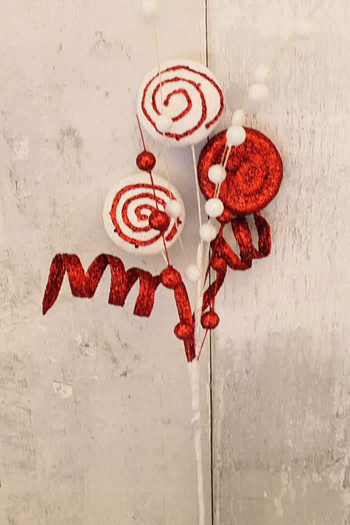 19" Red & White Curly Berries Lollipop Stem