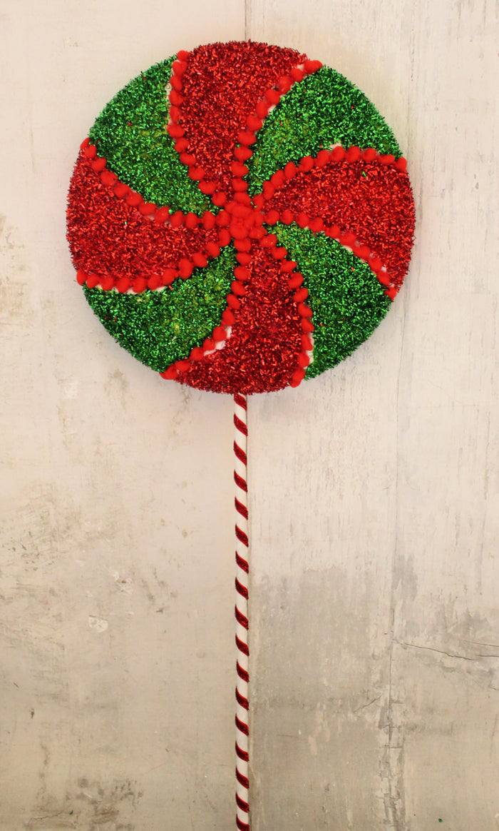 24" Red & Emerald Green Tinsel Lollipop Stem