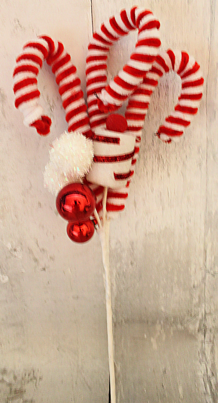 19.5" Plush Candy Cane & Glitter Ball Pick