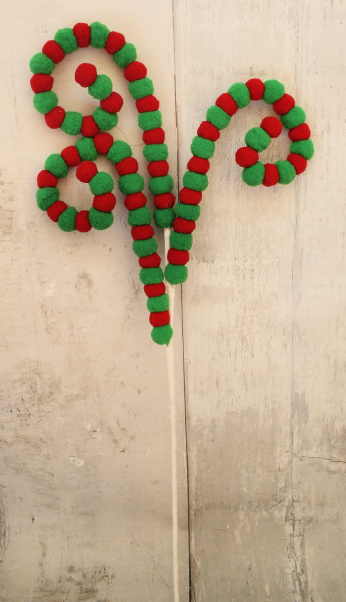 25" Red & Green Pom Pom Swirl Stem