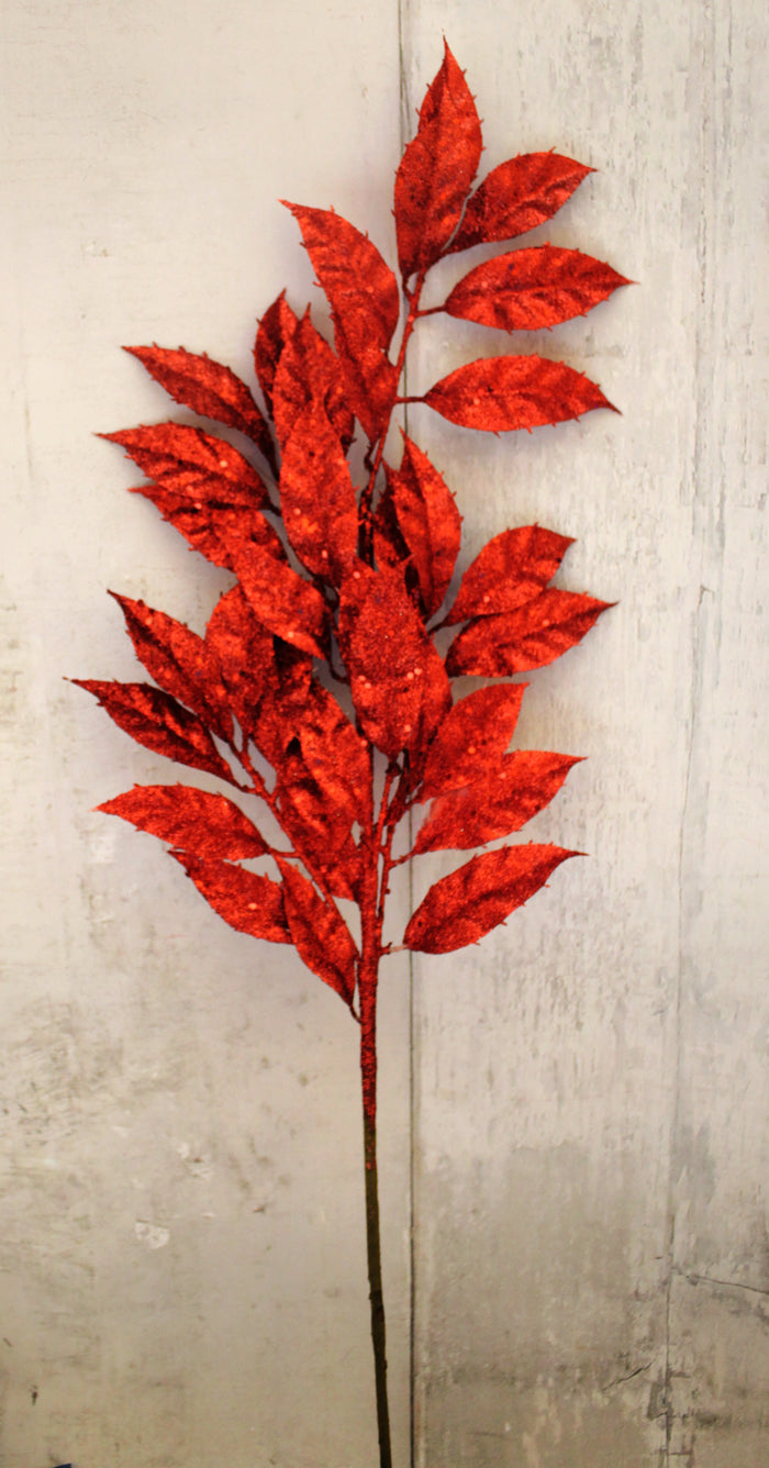 29" Red Glitter Leaves Stem