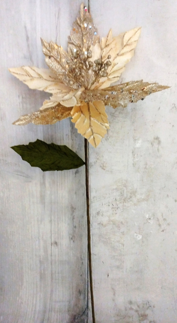 25" Champagne Velvet & Glitter Poinsettia Stem