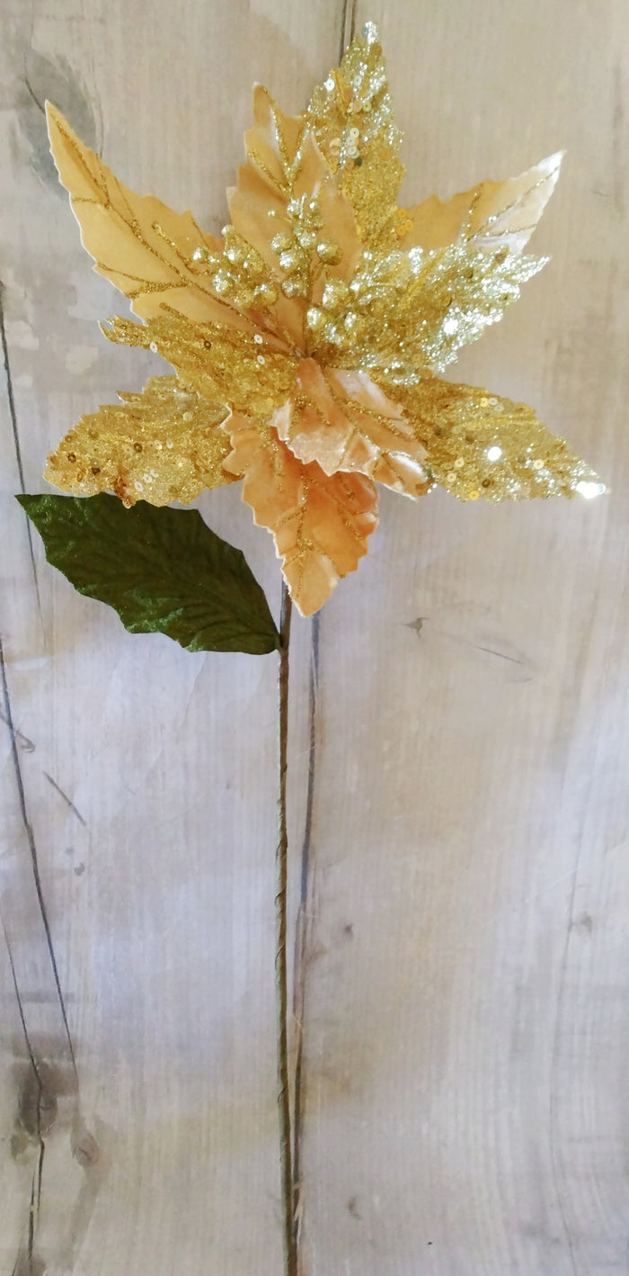 25" Gold Velvet & Glitter Poinsettia Stem