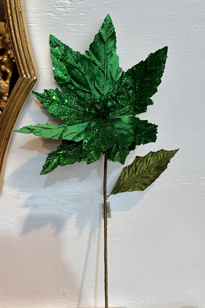 25" Emerald Green Velvet & Sequin Poinsettia Stem