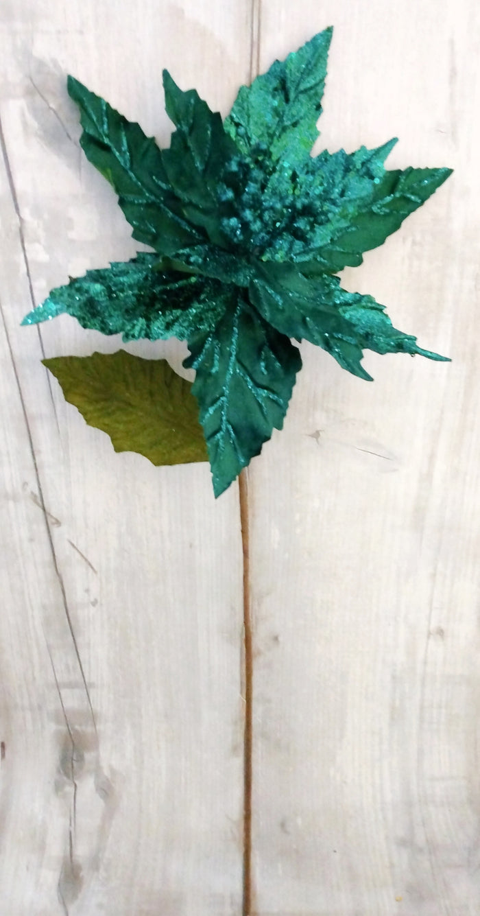 25" Winter Green Velvet & Glitter Poinsettia Stem