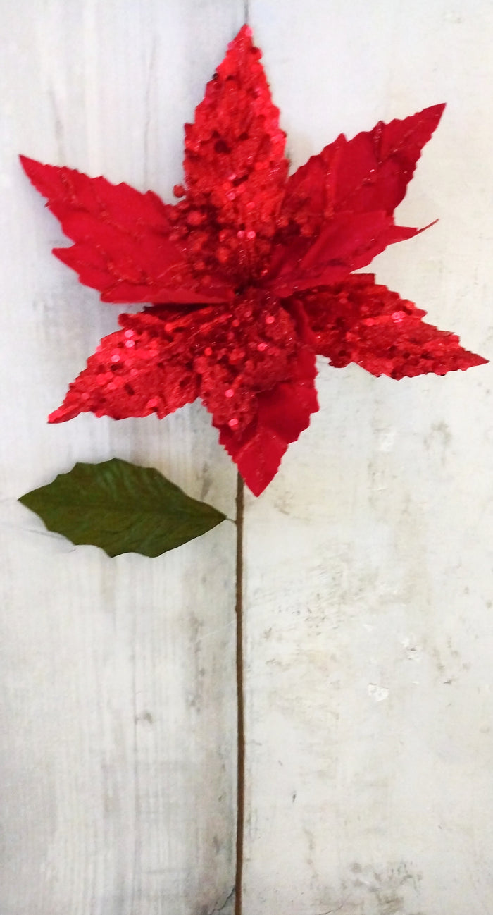 25" Red Velvet & Glitter Poinsettia Stem