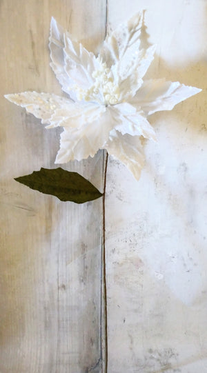 25" White Velvet & Glitter Poinsettia Stem