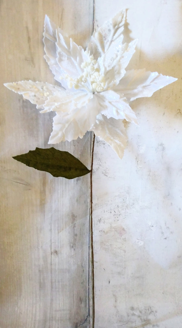 25" White Velvet & Glitter Poinsettia Stem