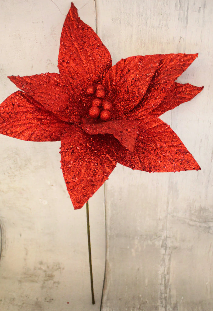 22.5" Red Glitter Poinsettia Stem