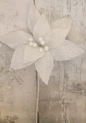 22.5" White Velvet & Glitter Poinsettia Stem