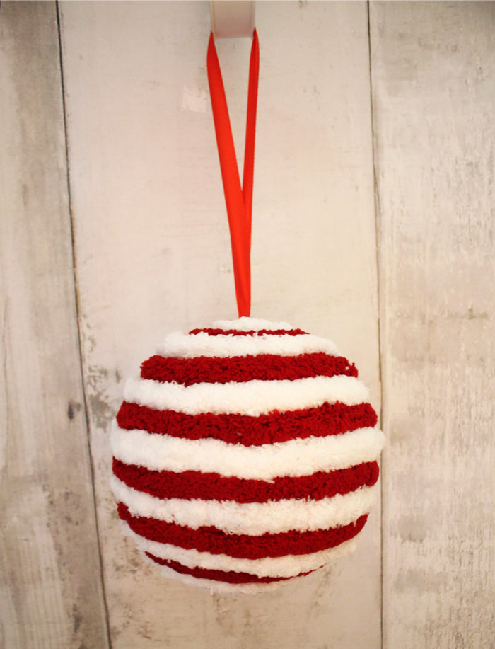 7" Red & White Striped Fuzzy Ball Ornament