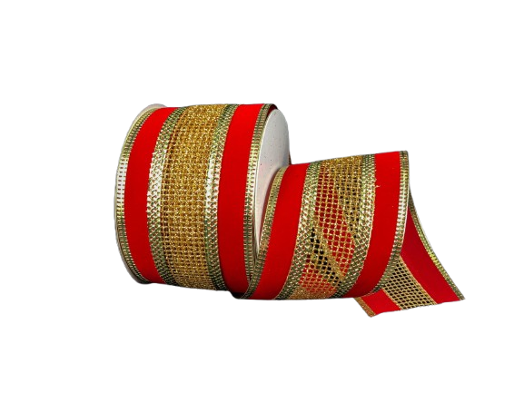 2.5" Gold Net Red Velvet Christmas Ribbon