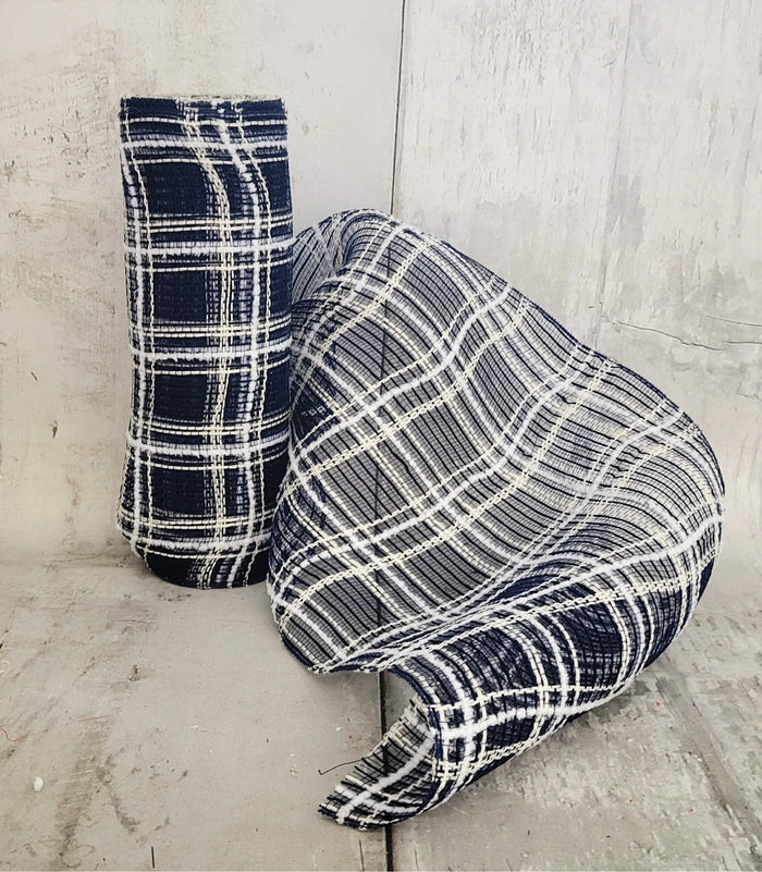 10" Navy & Cream Jute Plaid Deco Mesh