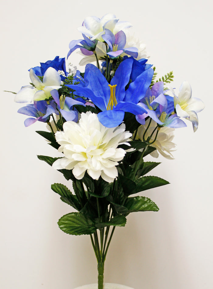 Blue & White Tiger Lily, Mum, & Rose Mixed Spring Floral Bush
