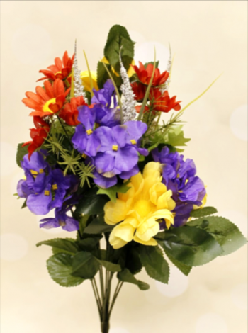 18" Purple, Yellow & Orange Zinnia & Hydrangea Mixed Spring Floral Bush