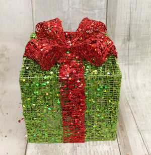 10" Lime Green Sequin Lighted Christmas Present