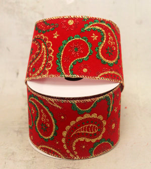 2.5" Bright Red Paisley Velvet Christmas Ribbon-Christmas Ribbon-Ellis Home & Garden