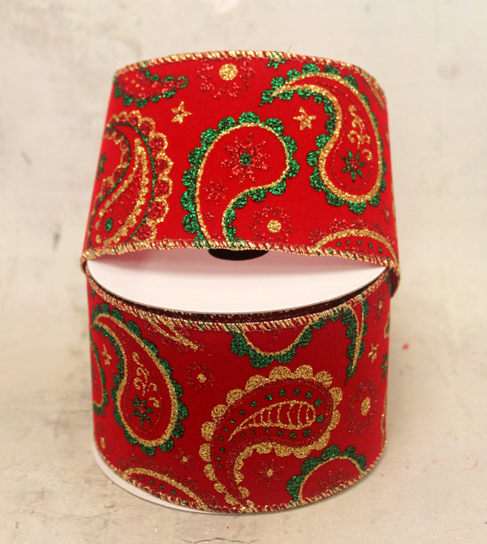 2.5" Bright Red Paisley Velvet Christmas Ribbon