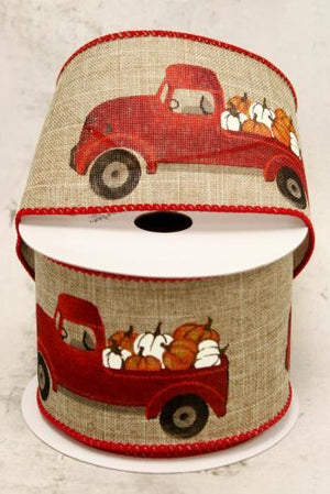 2.5" Red Truck with Pumpkins Wire Ribbon-Fall Harvest Ribbon-Ellis Home & Garden