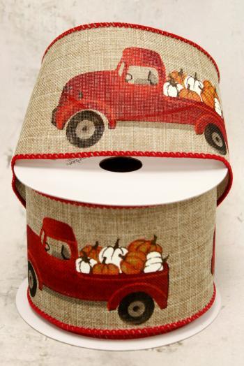 2.5" Red Truck with Pumpkins Wire Ribbon